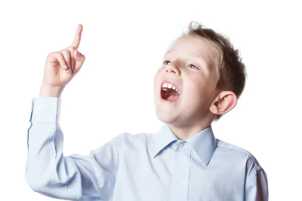 Little boy with index finger up, schoolboy — Stockfoto