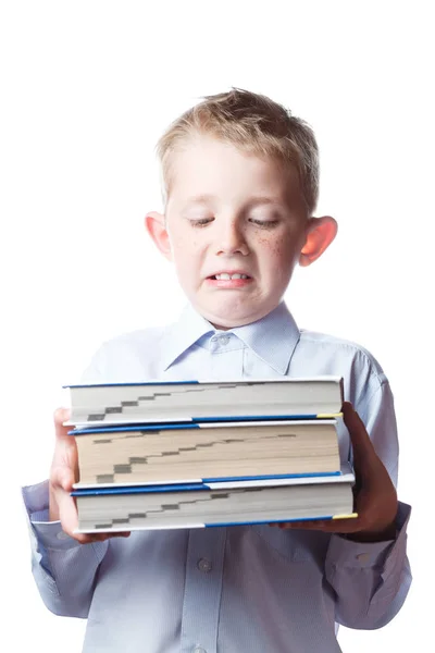 Bange jongen met boeken in handen, portret — Stockfoto