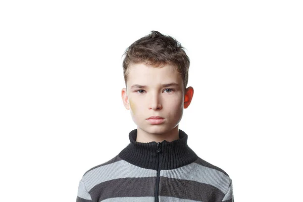 Sad boy on white isolated background, sad child — Stock Photo, Image