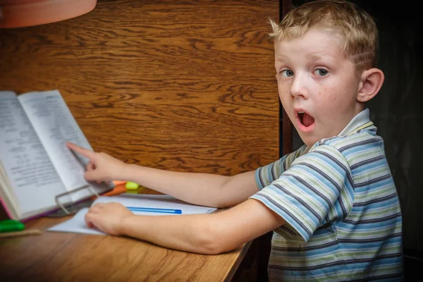 Jongen doet hard huiswerk thuis — Stockfoto