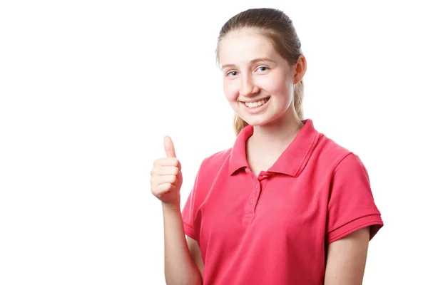 Girl in a pink T-shirt raised her thumb up — Stock fotografie