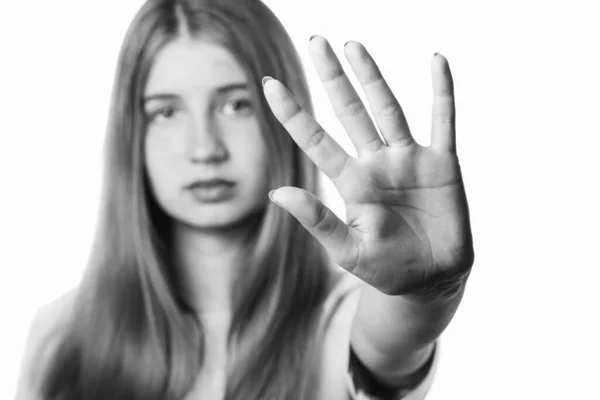 Cute girl showing hand stop sign.black and white. — Zdjęcie stockowe