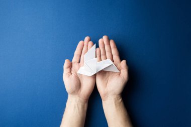 Mavi izole arkaplanda kağıt güvercin.