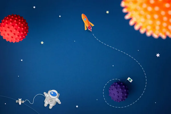 Blauwe achtergrond met astronaut, sterren en raket — Stockfoto