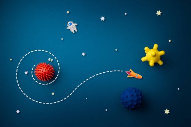 Astronot, yıldız ve roket ile mavi arkaplan