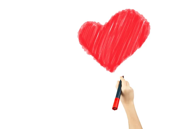 Маркер в руке красное сердце на белом — стоковое фото