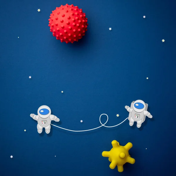 Blauwe achtergrond met astronaut, sterren en raket — Stockfoto
