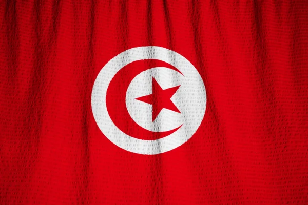 Gros plan du drapeau de Tunisie froissé, Drapeau de Tunisie soufflant dans le vent — Photo