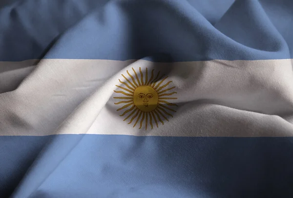 Närbild av ruggig Argentina flagga, Argentinaflag blåser i vinden — Stockfoto