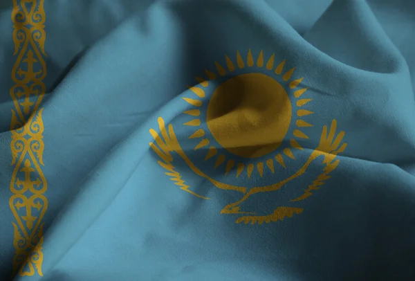 Closeup of Ruffled Kazakhstan Flag, Kazakhstan Flag Blowing in Wind