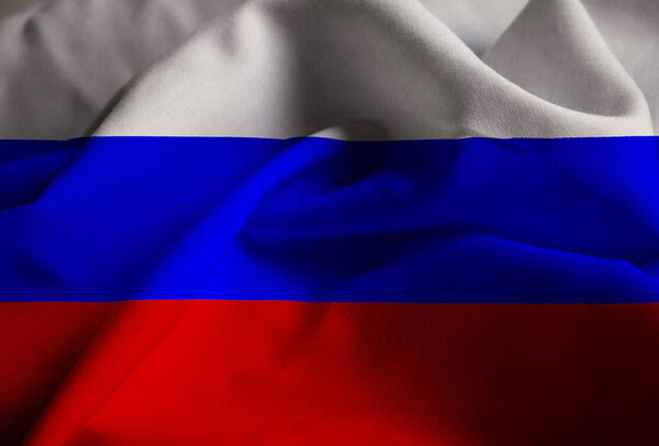 Closeup of Ruffled Russia Flag, Russia Flag Blowing in Wind
