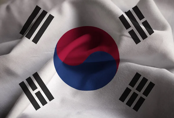 Primer plano de la bandera de Corea del Sur con volantes, bandera de Corea del Sur — Foto de Stock