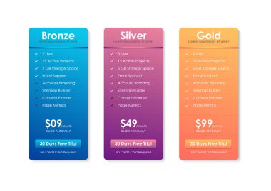 Price Comparison Table, Pricing table template for website, applications and business, subscription plans clipart