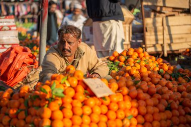 İslamabad, İslamabad Başkent Bölgesi, Pakistan - 3 Şubat 2020, Bir satıcı sebze pazarında turuncu meyve satmak için müşterileri bekliyor.