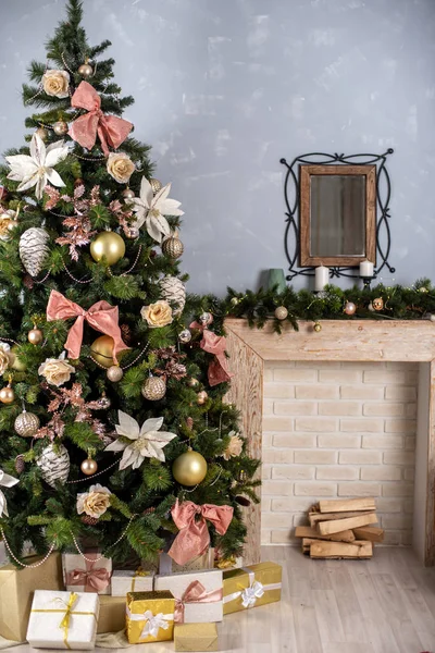 a large Christmas tree decorated against the backdrop of a home interior