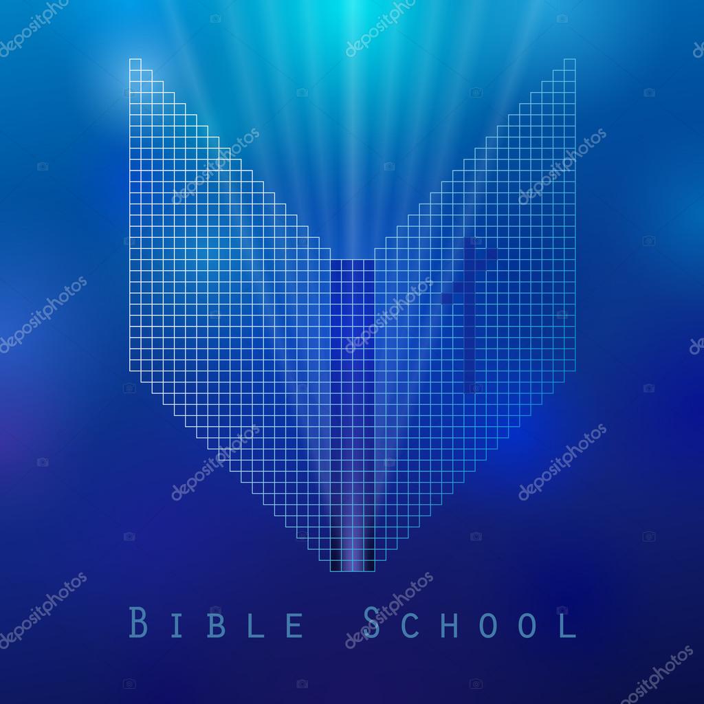 Cross and book blue logotype concept. Open book, pixels. Logo idea. E-book or e-bible icon, religious symbol. Cut out brand sign. Isolated abstract graphic design template. The word of God symbol.