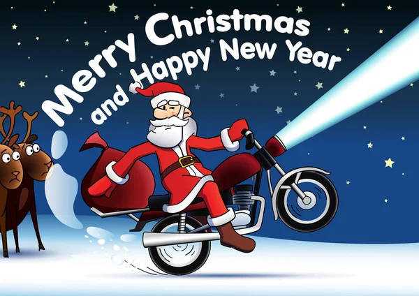 Weihnachtsmann auf rotem Motorrad Neujahrskarte — Stockvektor