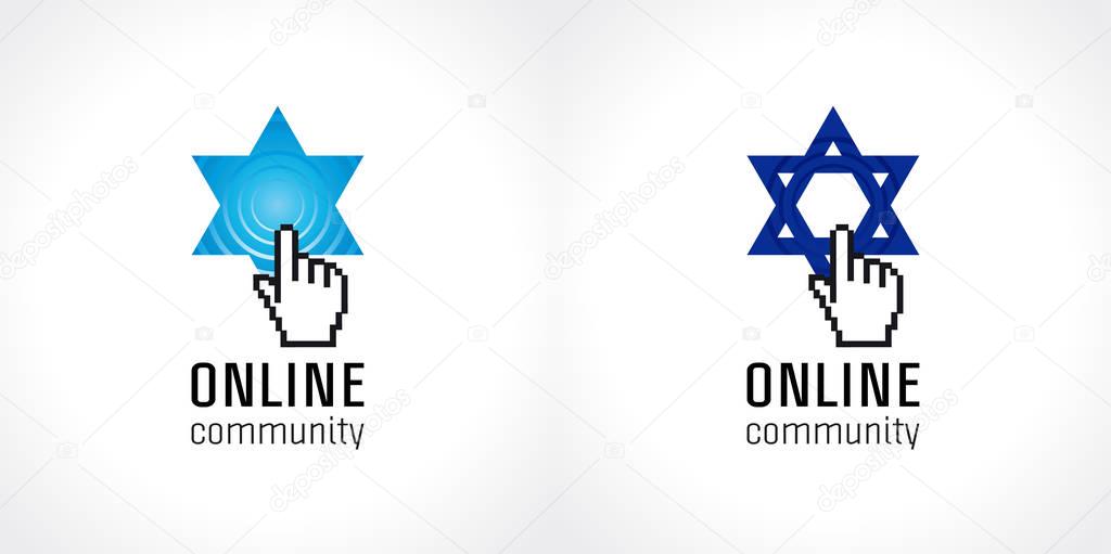 The sign of internet education, religious Torah debate or global Tanah school in the shape of King David star, pointing pixel hand and call signal. Radio wave.