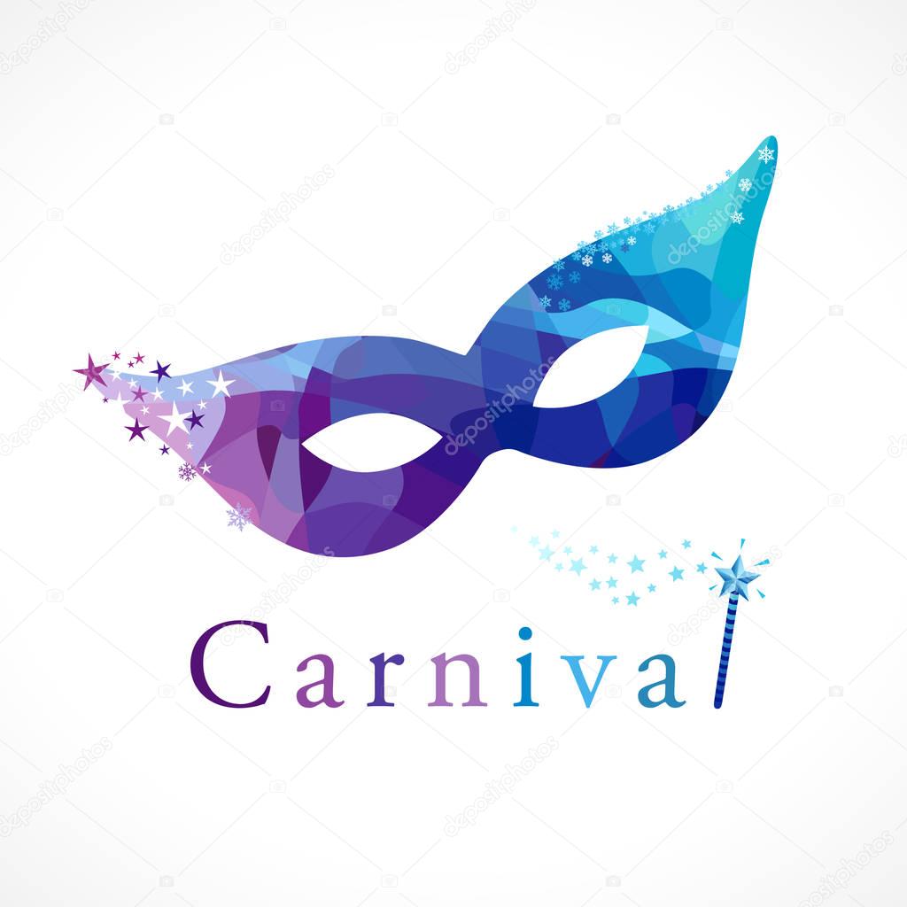Face mask, stars, snowflakes and magic wand. Christmas or new year party icon, art, musical, theatrical or award vector symbol.