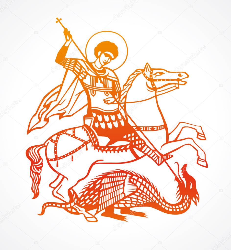 Rider man on horse spear the dragon sign. Saint George wins Dragon. Vector illustration.