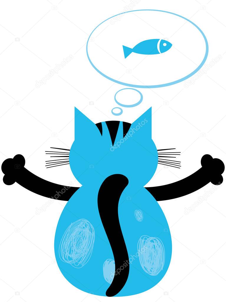 Dreaming and thinking cat, fish in dialog cloud. Pets food business sign. Cats back vector illustration.