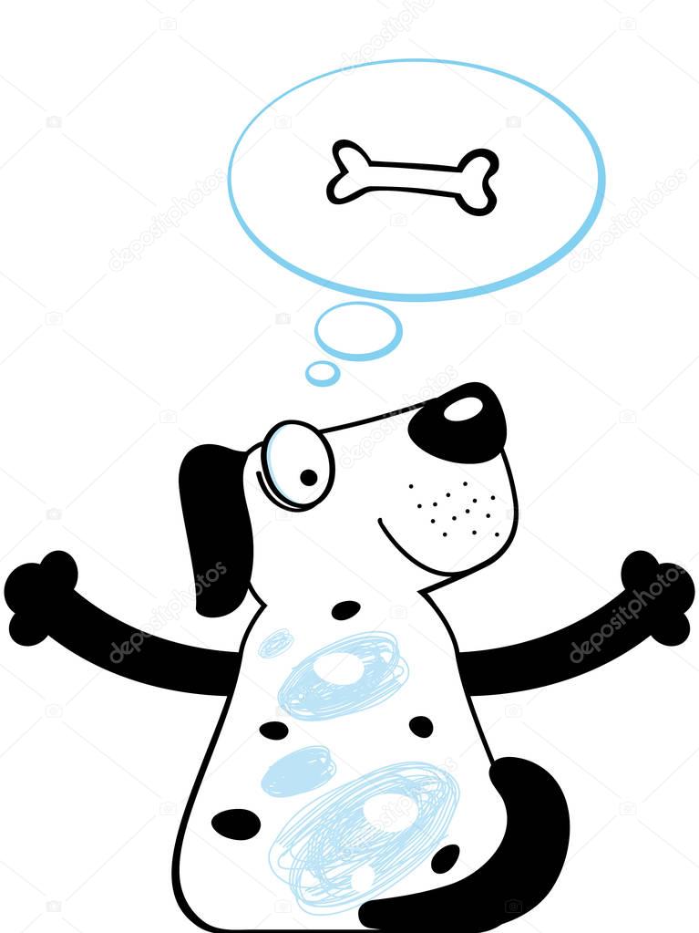 Dog is dreaming about food, bone in speaking window. Pets food business sign. Animated thinking dog muzzle vector illustration.
