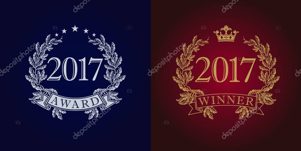 The sign of winner for competitions 2017 in frame of the laurel branches arms. Best seller, film, actor, actress, writer, artist or journalist in new year reward symbol.
