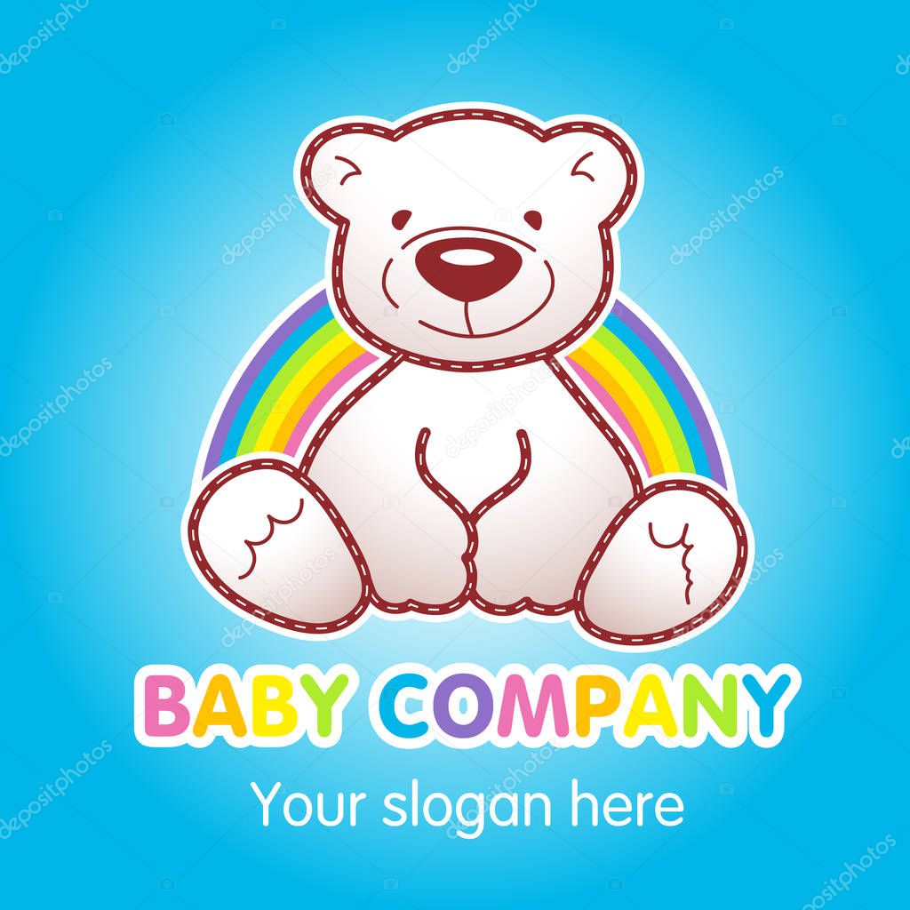 Toy animated baby bear sitting under rainbow. Toys shop ad, book of tales character. Greeting card for Teddy holidays concept. Children's store branding sign.