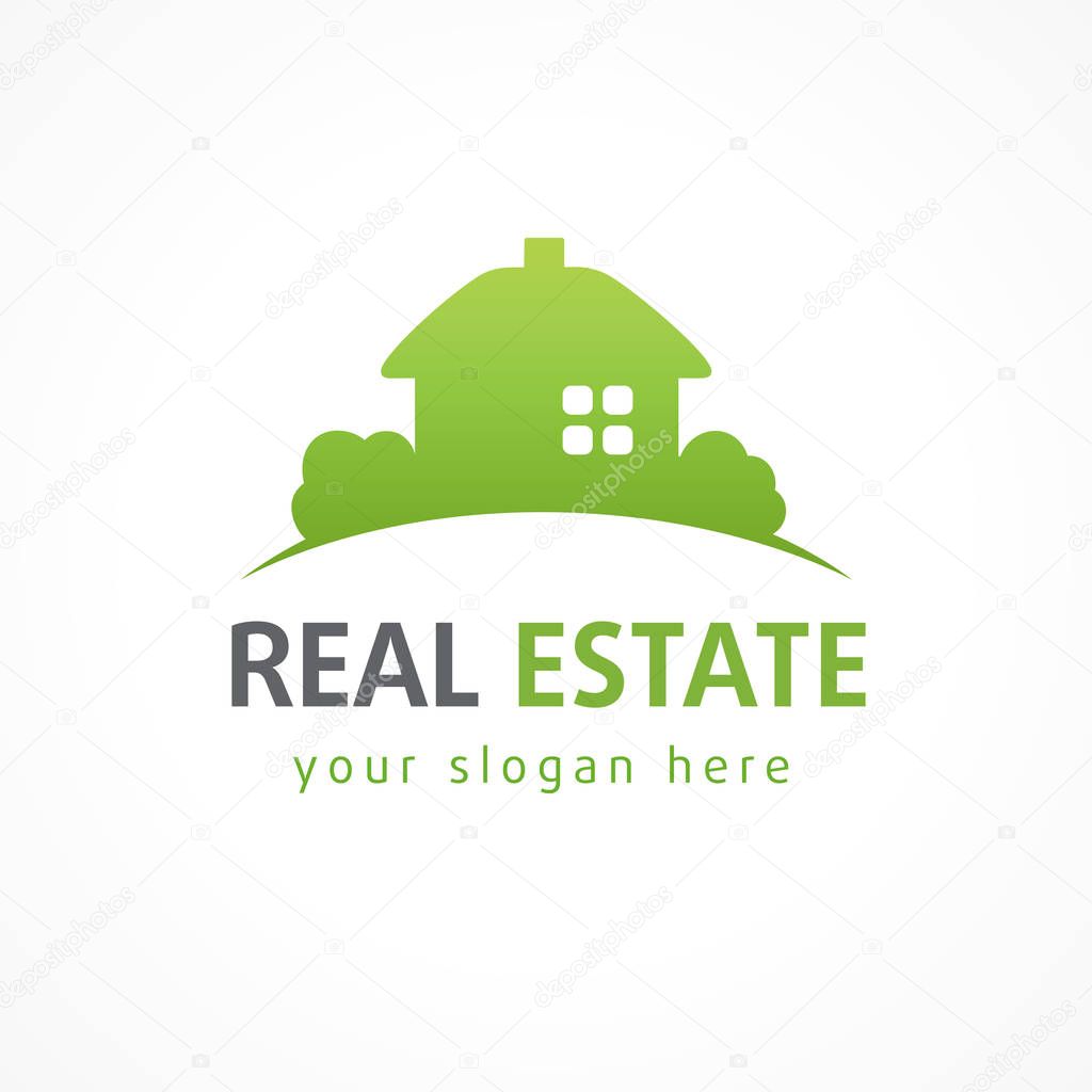 House for sale sign. Icon for own property agency, building, lease house, insurance, buying, invest or landscaping business. Country house vintage symbol.