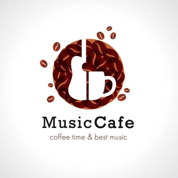 音楽カフェのロゴ、カップ コーヒーとギターを — ストックベクタ