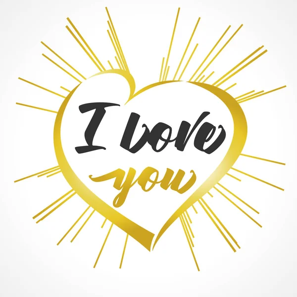 I love you lettering, golden heart and beams greeting card — Stock Vector