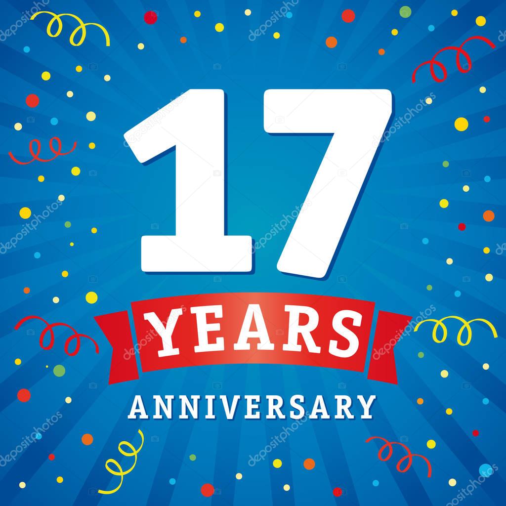17th years anniversary vector background with red ribbon and colored confetti on blue flash radial lines