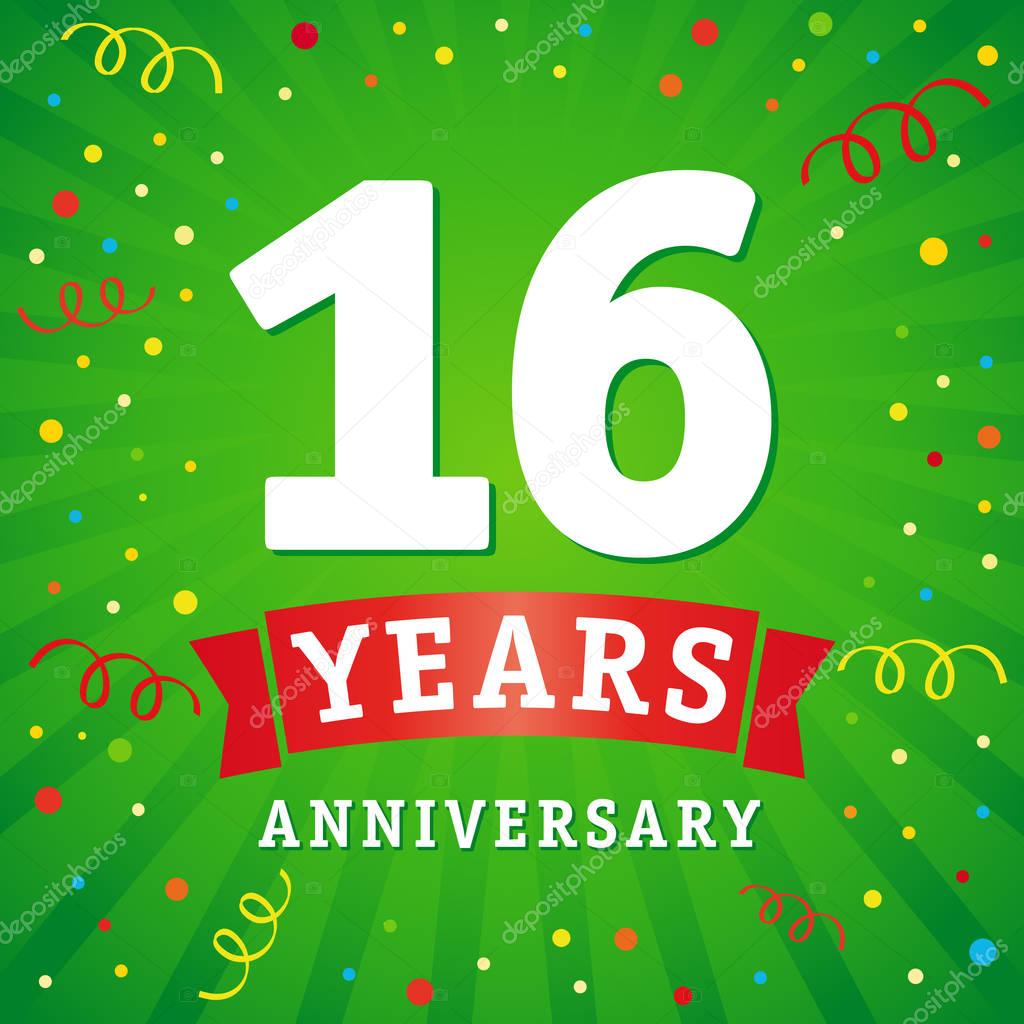 16th years anniversary vector background with red ribbon and colored confetti on green flash radial lines