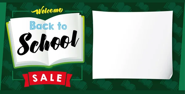 Welcome Back to School  SALE lettering on open book board - Stok Vektor