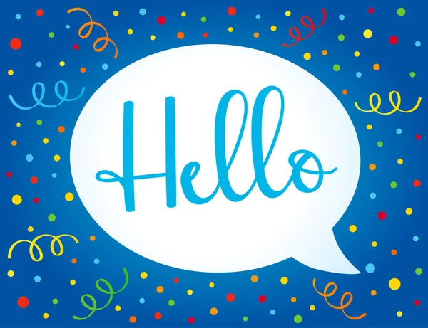 Alıntı mesaj kabarcık renkli konfeti üzerinde Merhaba ve kartı şerit