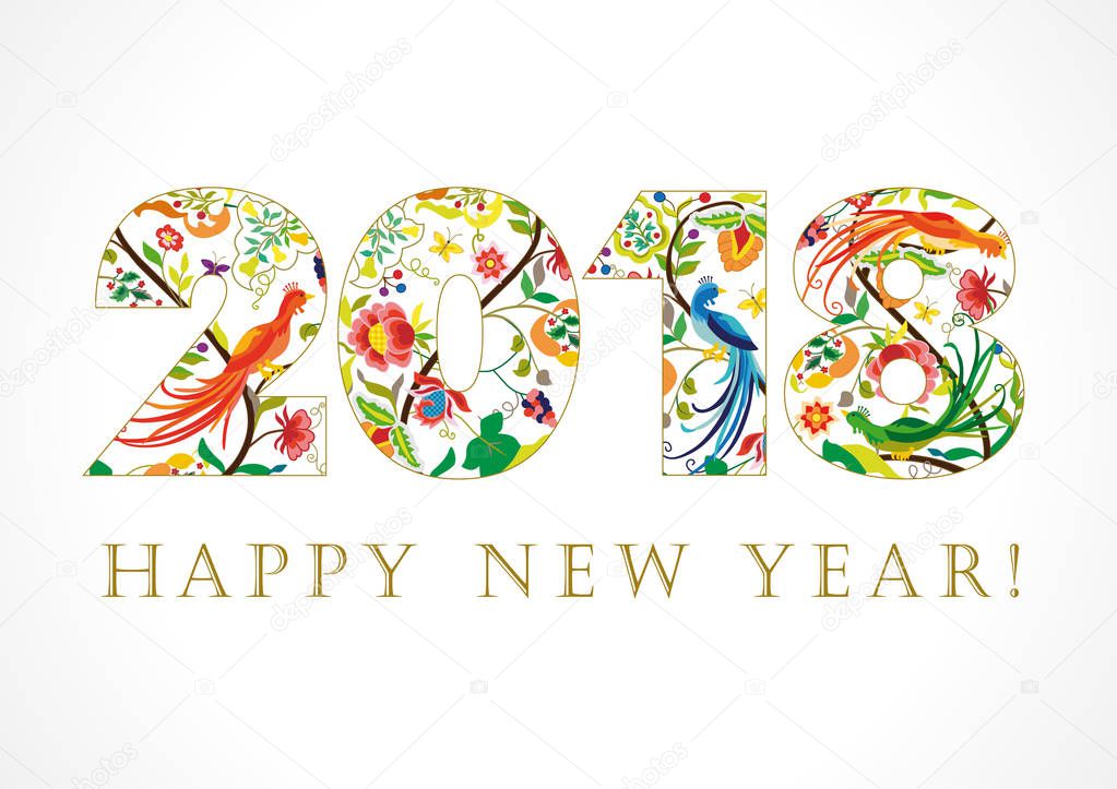 Happy holidays card with ethnic patterns and birds of paradise in 2018 figures. The luxurious greeting card in ethnic patterns and text happy new year!