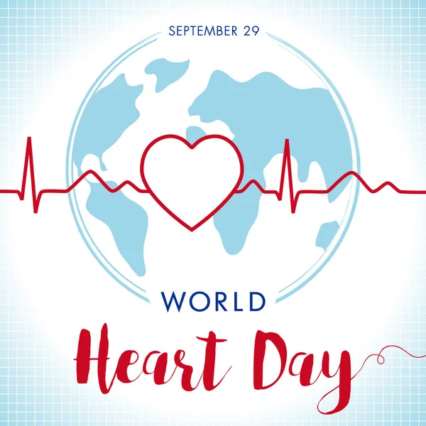 Tarjeta de inscripción del Día Mundial del Corazón, línea de corazón y traza de pulso cardiovascular en el globo — Vector de stock