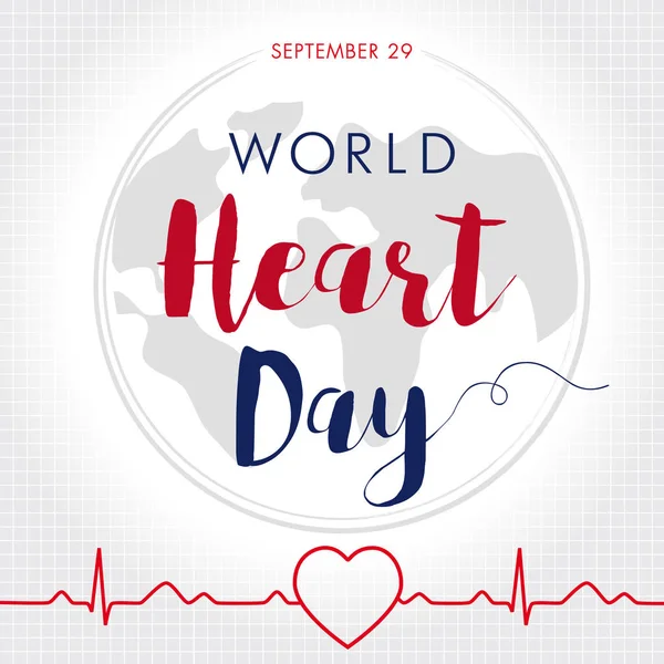 Tarjeta del Día Mundial del Corazón, corazón de línea en traza de pulso cardio y globo — Vector de stock