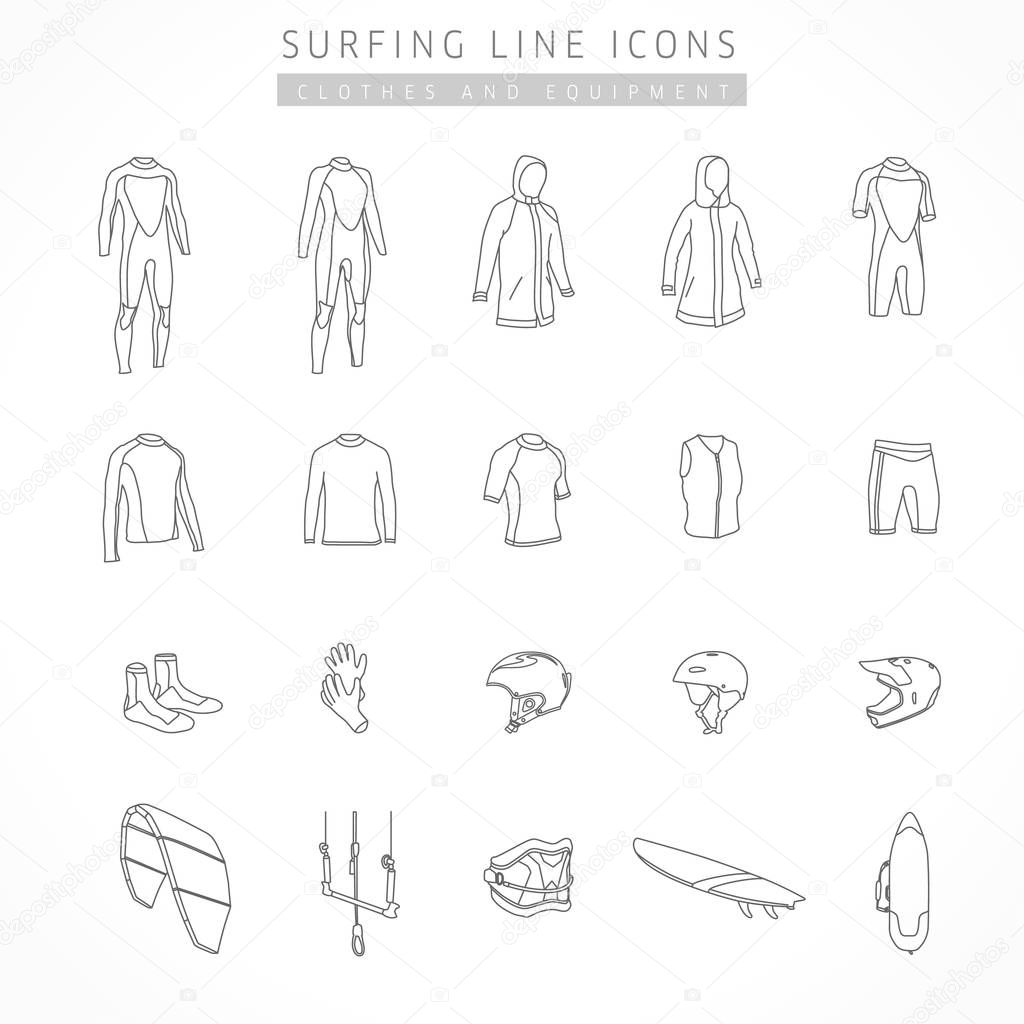 Vector set of kite surfing and active sport line icons