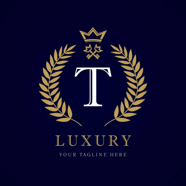 Luxus kalligrafikus T betű korona kulcsfontosságú monogram jele — Stock Vector