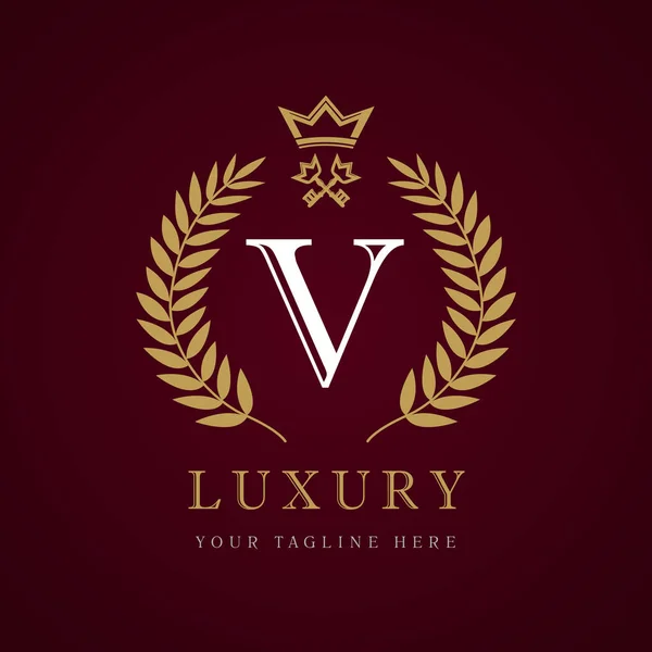 Luxus kalligrafikus betű V korona kulcsfontosságú monogram logó — Stock Vector