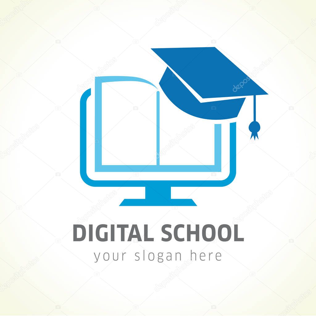 Digital school book online education logo. Digital open book with pages in monitor emblem and graduation hat. E-book or e-reader soft icon. On-line education blue vector sign