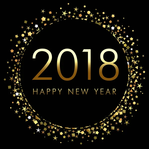 Año Nuevo 2018 sobre fondo negro con confeti de brillo dorado — Archivo Imágenes Vectoriales