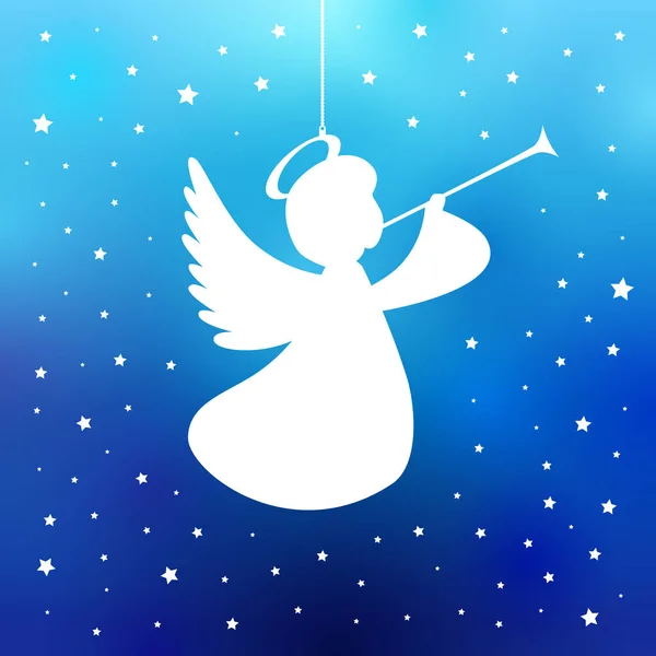 Fliegender Engel mit Trompete auf marineblauem Hintergrund — Stockvektor