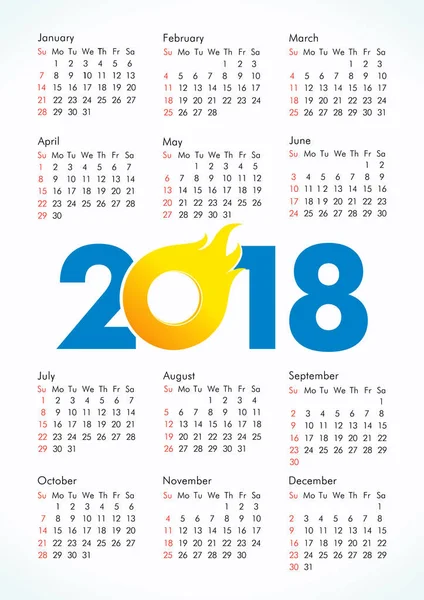 2018 Calendário Escritório Para Ano Inteiro Celebrando Parabéns Números Ardentes — Vetor de Stock