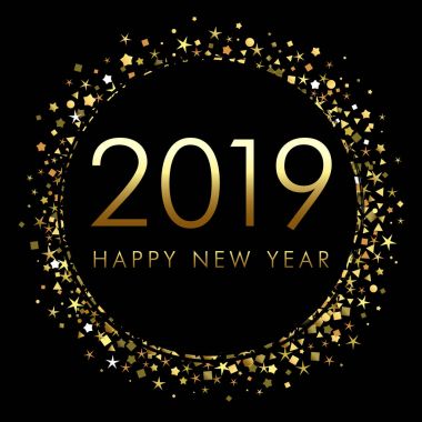 2019 mutlu yeni yıl arka plan ile sayı ve altın parıltı. Altın sayı 2019 ve metin mutlu yeni yıl, vektör tasarım şablonu. Tebrik kartı tasarımı