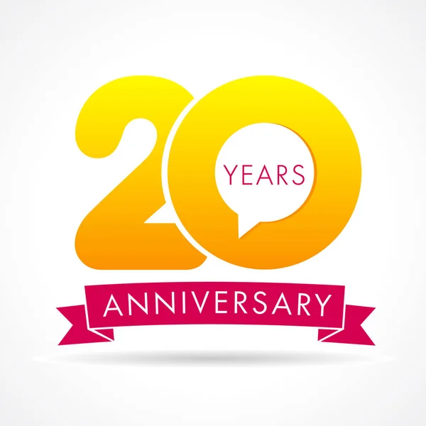 20周年纪念通信标志 第二十年生日标识标签 黄色矢量数字标志和粉红色丝带隔离 — 图库矢量图片