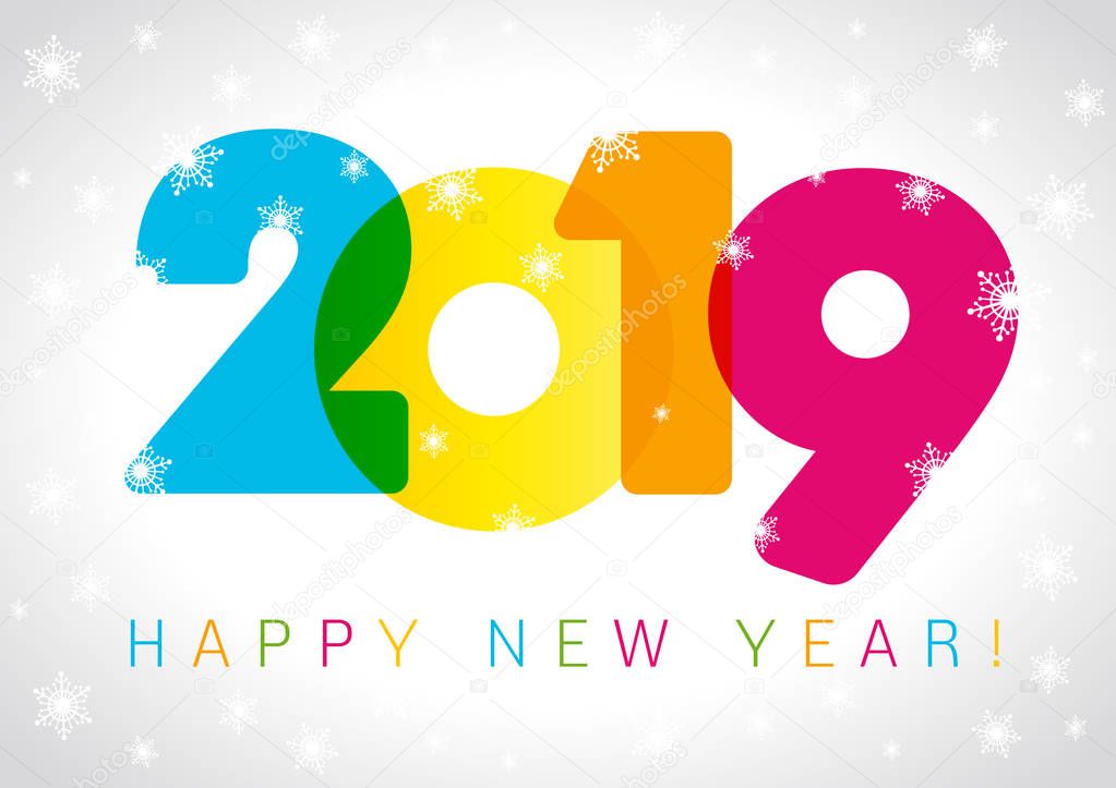 2019 Happy New Year card design. Vector happy new year greeting illustration with colored 2019 numbers and snowflake