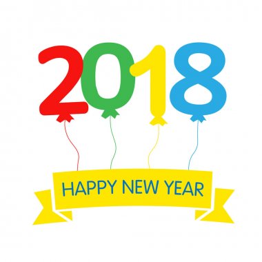 2018 balonlar mutlu yeni yıl tebrik kartı renkli. Mutlu yeni yıl 2018 tasarımı ile beyaz arka plan üzerinde renkli balonlar. Vektör çizim