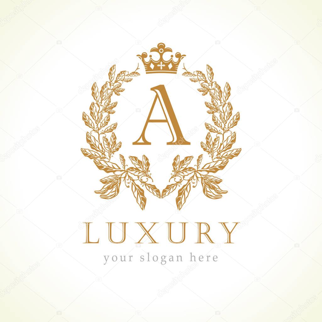 Luxury A letter and crown monogram logo. Laurel elegant beautiful round identity with crown and wreath. Vector letter emblem A for Antique, Restaurant, Boutique, Hotel, Heraldic, Jewelry